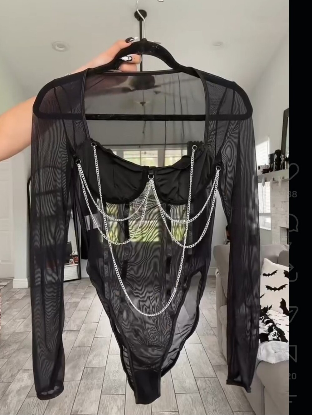 Sheer Black Mesh Bodysuit with Silver Chain Detail